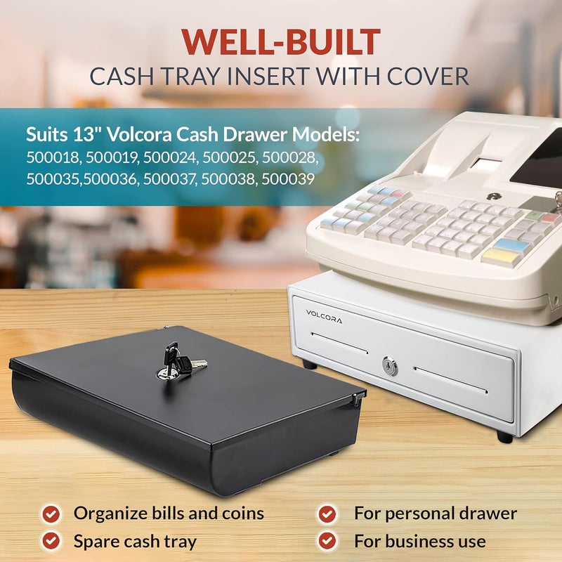 Volcora Cash Drawer Tray with Locking Cover - 11.7 x 10.3 x 2.3 Inch Metal Cash Lock Box with Lid - 4 Bill/5 Coin Money Organizer for Volocara 13" Fully-Removable Cash Drawers - For Business Use - Image 3